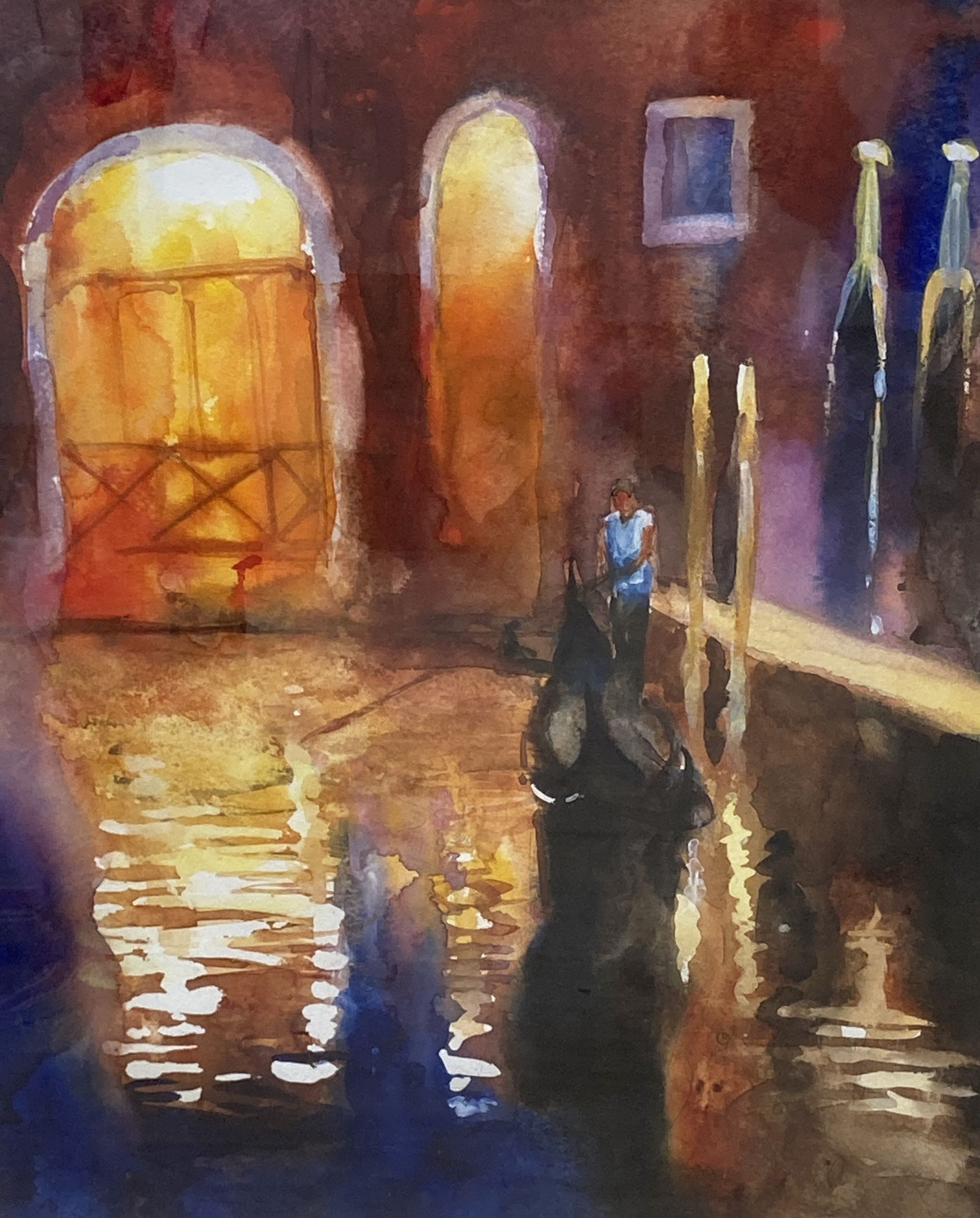 Cecil Rice, watercolour, Venetian canal at night, signed, 41 x 33cm